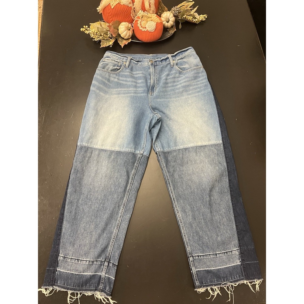 GAP Multi Panel Blue Patchwork High Rise Straight Jeans Sz 35/20 Regular Raw Hem